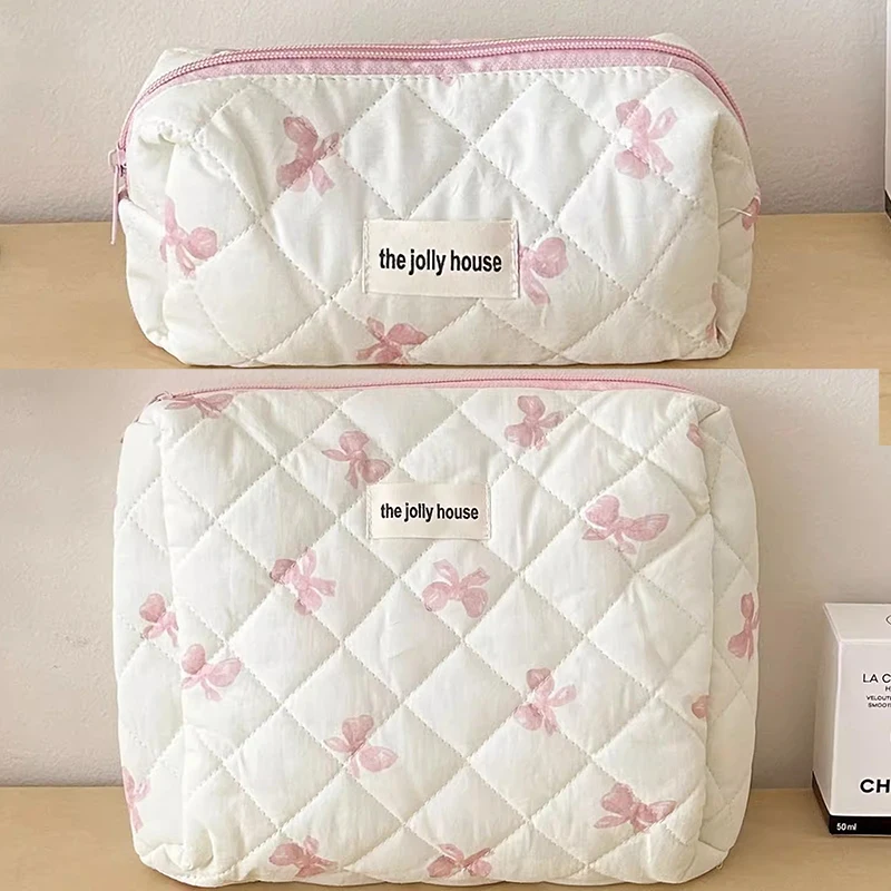 

INS Pink Bow Cosmetic Bag Women Quilting Cosmetic Pouch Large Capacity Makeup Bag Portable Zipper Toiletry Organizer Handbag