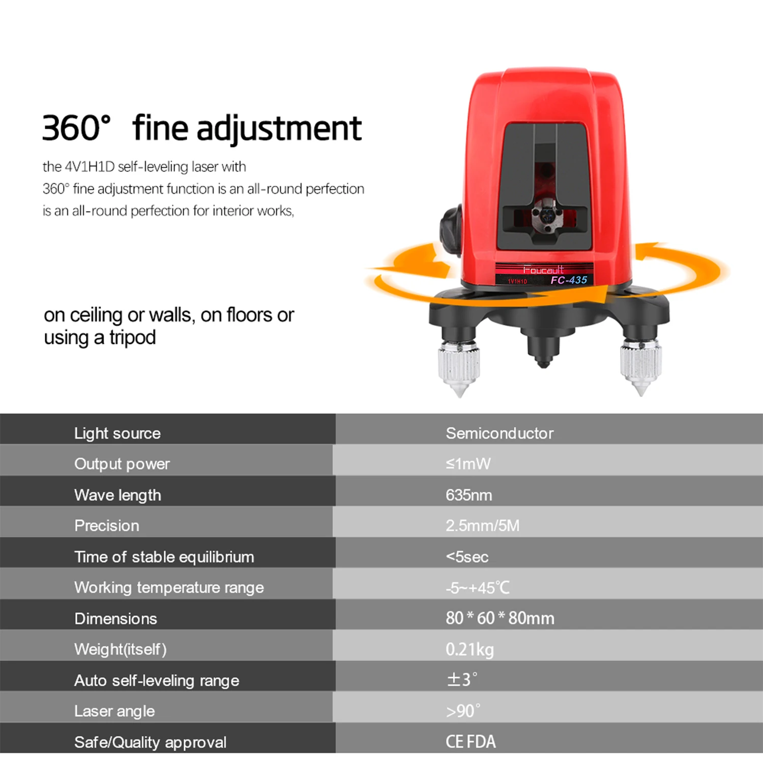 RZ Laser Level 2 Lines Self-Leveling 360° Horizontal Vertical Cross Red Laser Beam Line Indoor Outdoor Construction Tool 435