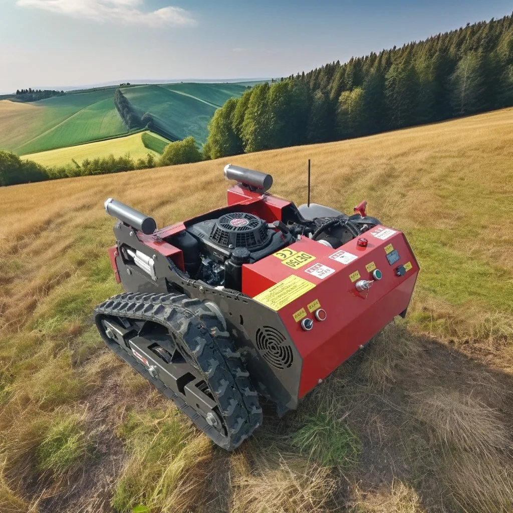 Profesjonalna, bezprzewodowa mini kosiarka robot na gąsienicach z pilotem, na sprzedaż, rok 2025.