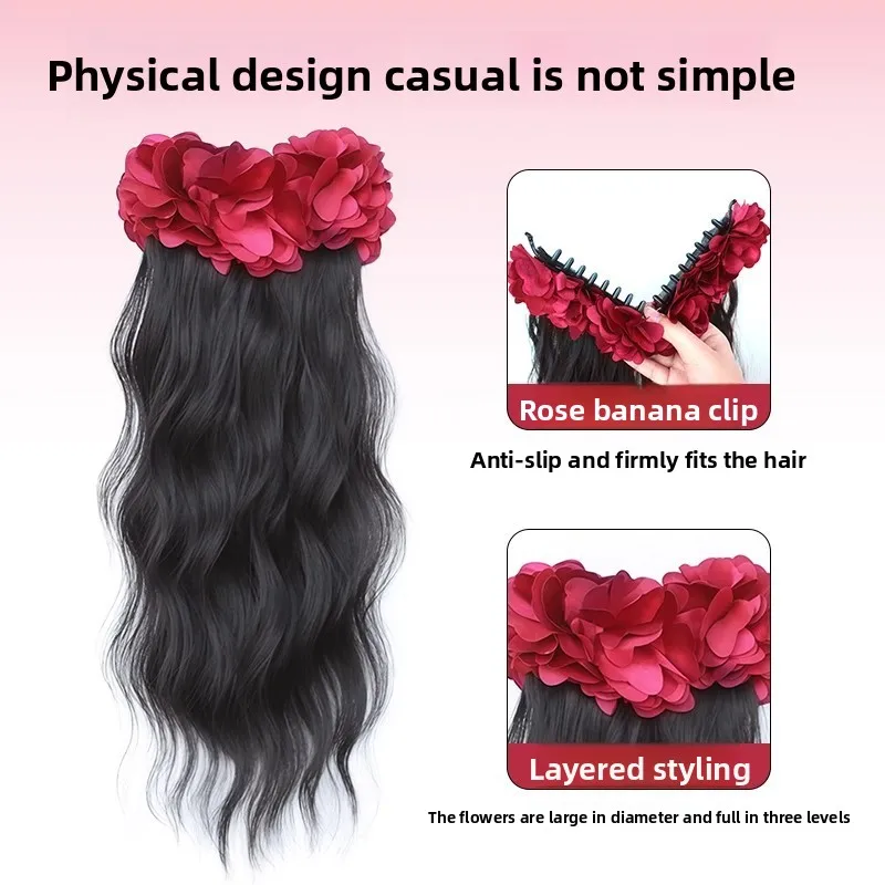 

New Synthetic Long Curly Wig Claw Clip Fluffy Flower Clip in Ponytail Wig Red Black Hairpiece Hair Accessories