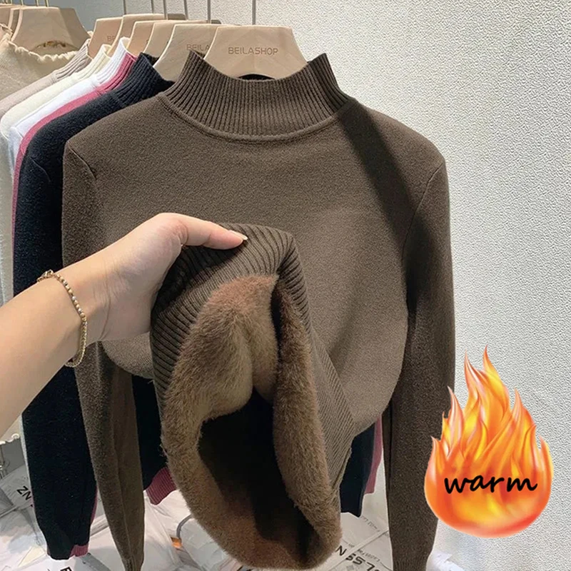 

Turtleneck Slim Thicken Plus Velvet Sweater Womans 2023 New Winter Thicken Velvet Lined Warm Knitted Basic Tops Knitwear Jumper