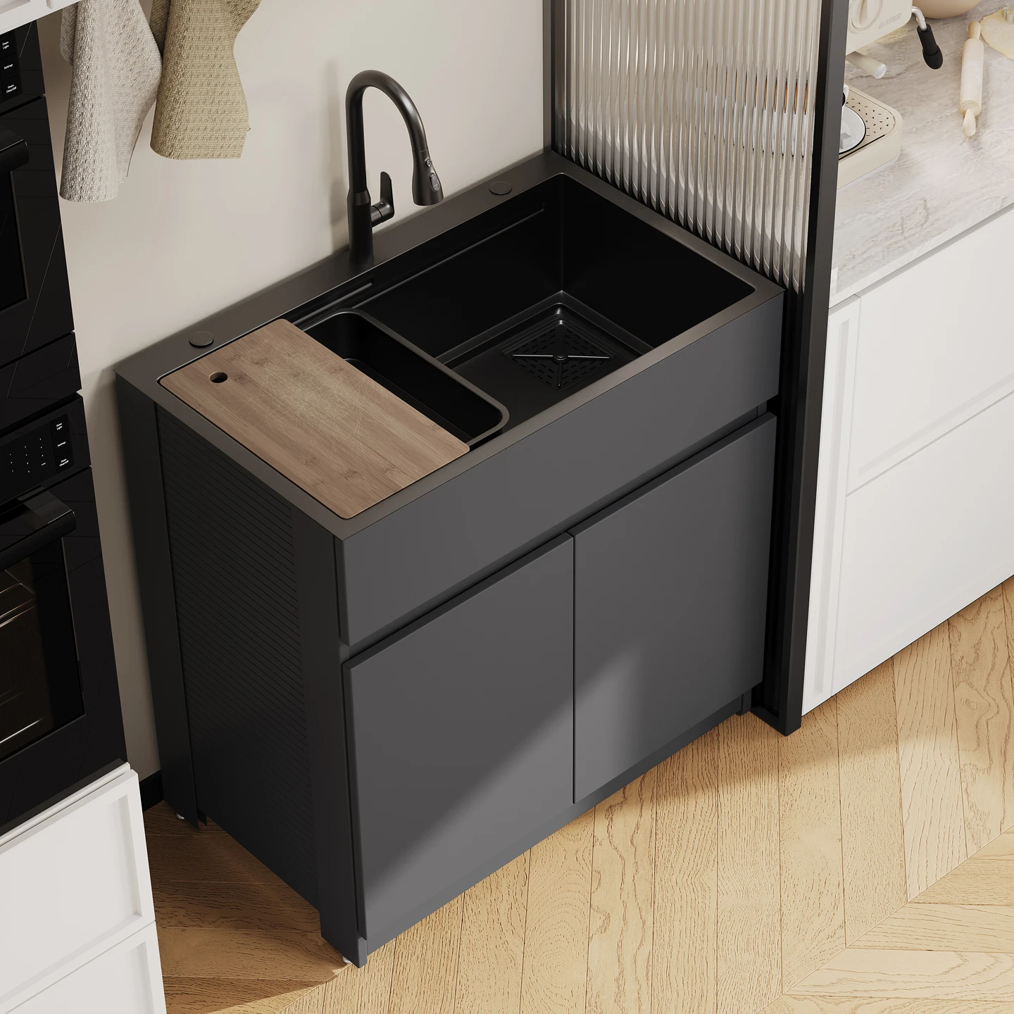 

Kitchen vegetable basin space aluminum integrated cabinet stainless steel large single tank sink cabinet household floor-to-ceil