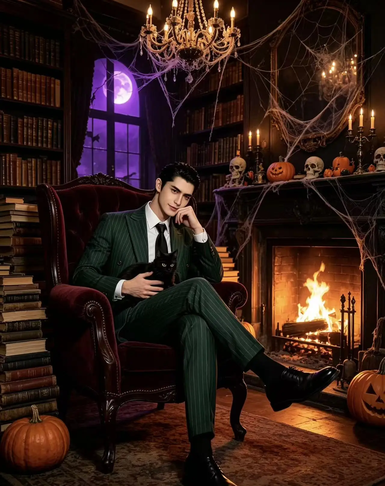 Halloween Men's Suit Set 2 Piece Green Pinstripe Double Breasted Blazer Elastic Waist Pants with Silk Scarf Cosplay Party