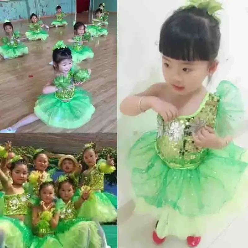 Disfraces de pasarela de baile latino moderno con lentejuelas para niños, ropa de baile de salón para actuaciones en escenario, vestido de baile de Hip Hop de Jazz verde