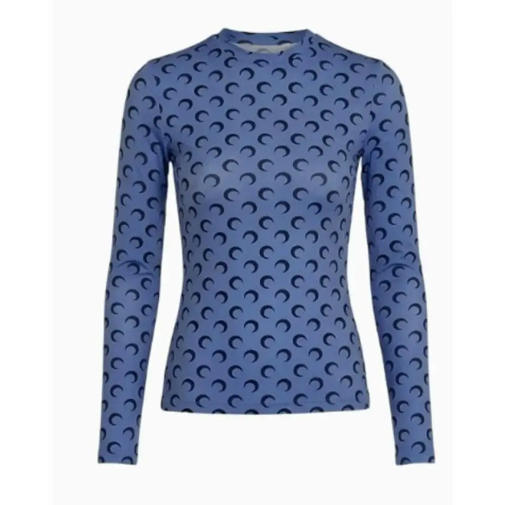 Slim Fit Women's Blue Black Moon Print Half High Collar Short Sleeve T Shirt Elastic Versatile Summer High Street Fashion Top