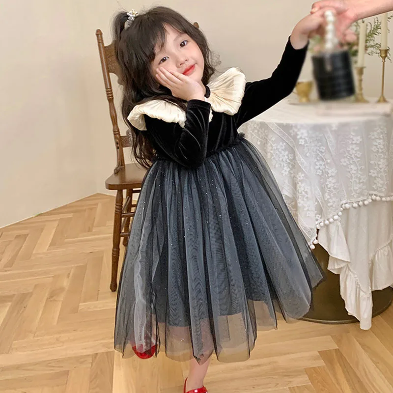 Girls Princess Black Velvet Dress Spring Autumn Clothes Sequin Children Clothing Baby Kids Bow Fashion Mesh Tutu Dresses