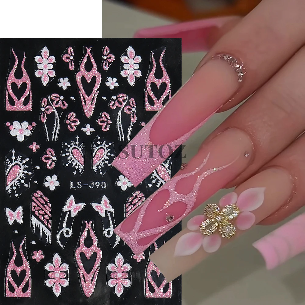 Moulage Papillon Nail Stickers Blanc Paillettes Coeur Fleurs Rose Papillon Nail Stickers Français Charmes Manucure Décor LEBLS-J91