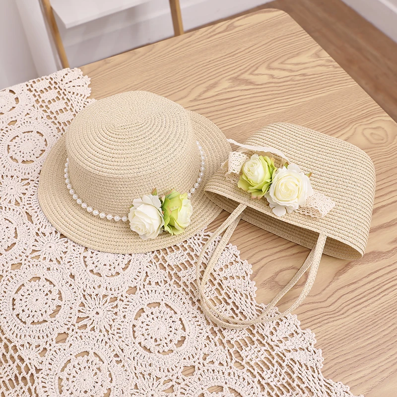 French Elegant Retro Summer Straw Hat Bag Set for Women and Girls Pearl Floral Hat Mom Kid Holiday Outdoor Travel Beach Sun Hat