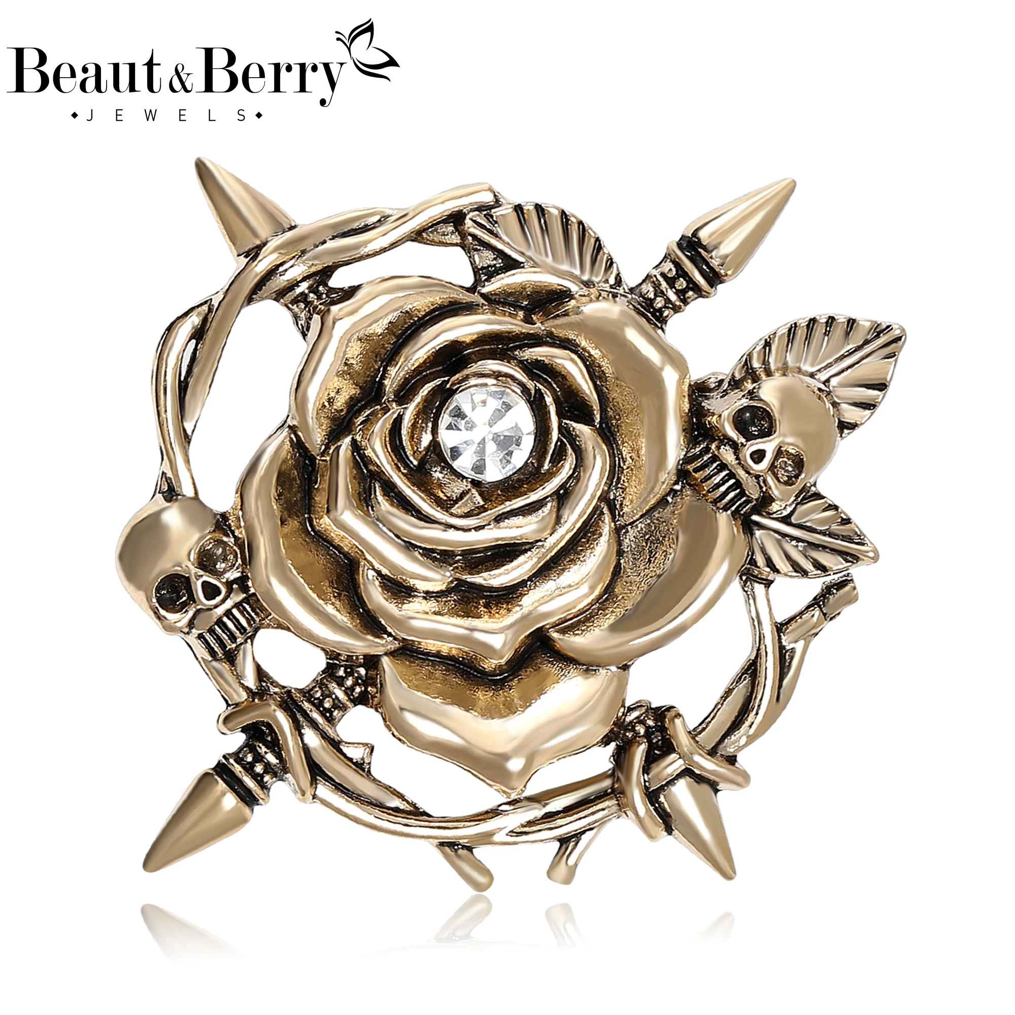 Beaut&Berry Vintage Skull Rose Flower Brooches for Women Unisex Plant Pins Friends Party Gifts Banquet Jewellery Accessories
