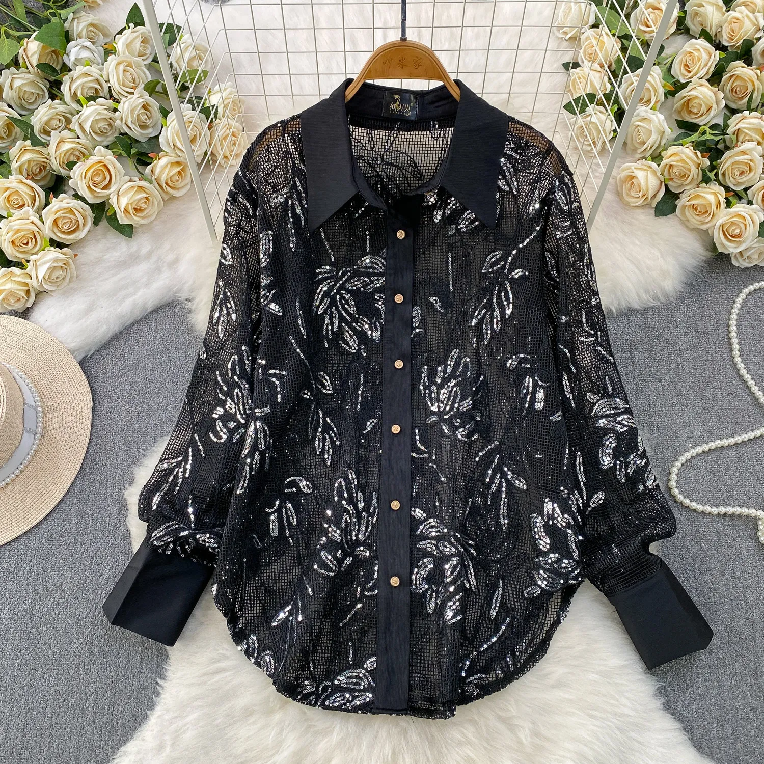 

Модные свободные женские пальто SuperAen с пайетками, сетчатыми вставками, вырезами и отложным воротником