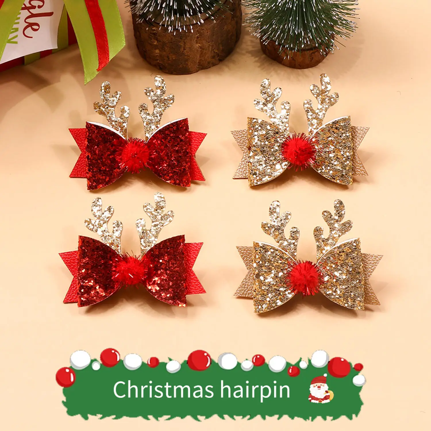 Christmas Deer Horn Glitter Hairpin Girls Women Fashion Anlter Bow Hair Clip Barrettes Hair Accessories Xmas New Year Gift