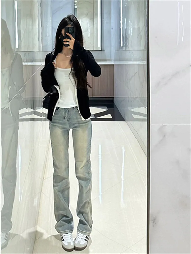 

American Retro Washed Blue Slim Straight Leg Jeans Women's Spring Autumn Light High Waist Extended Floor Length Smoking Pants