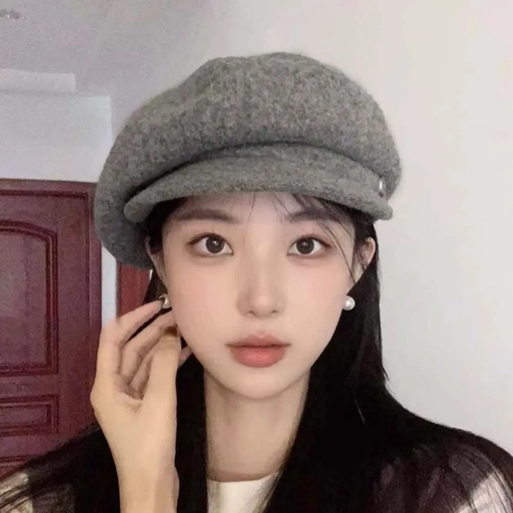 

Solid Color Wool Beret Cap Dome British Style Female Painter Cap Versatile Big Head Circumference Women Artist Hat Autumn