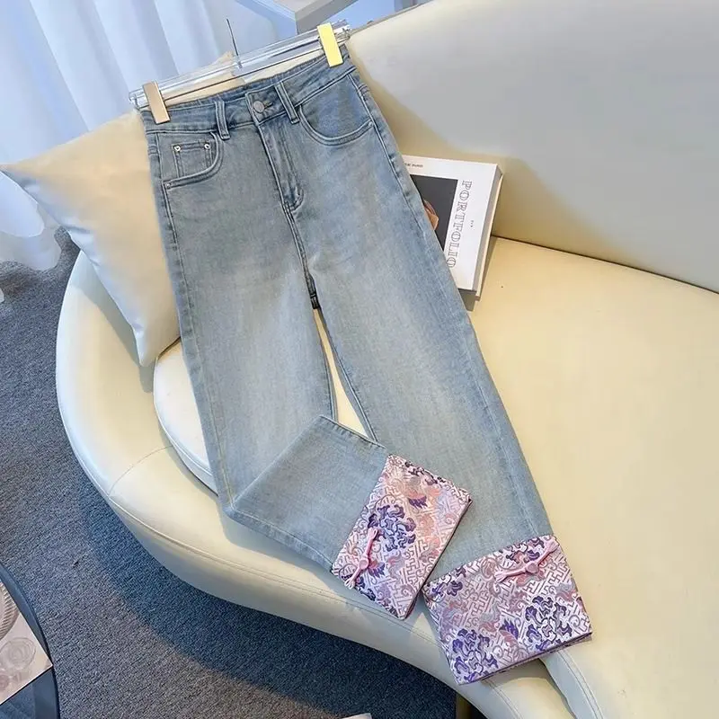 New Chinese Style Embroidered Patchwork Cropped Straight Leg Jeans For Women Vintage High Waist Denim Pants