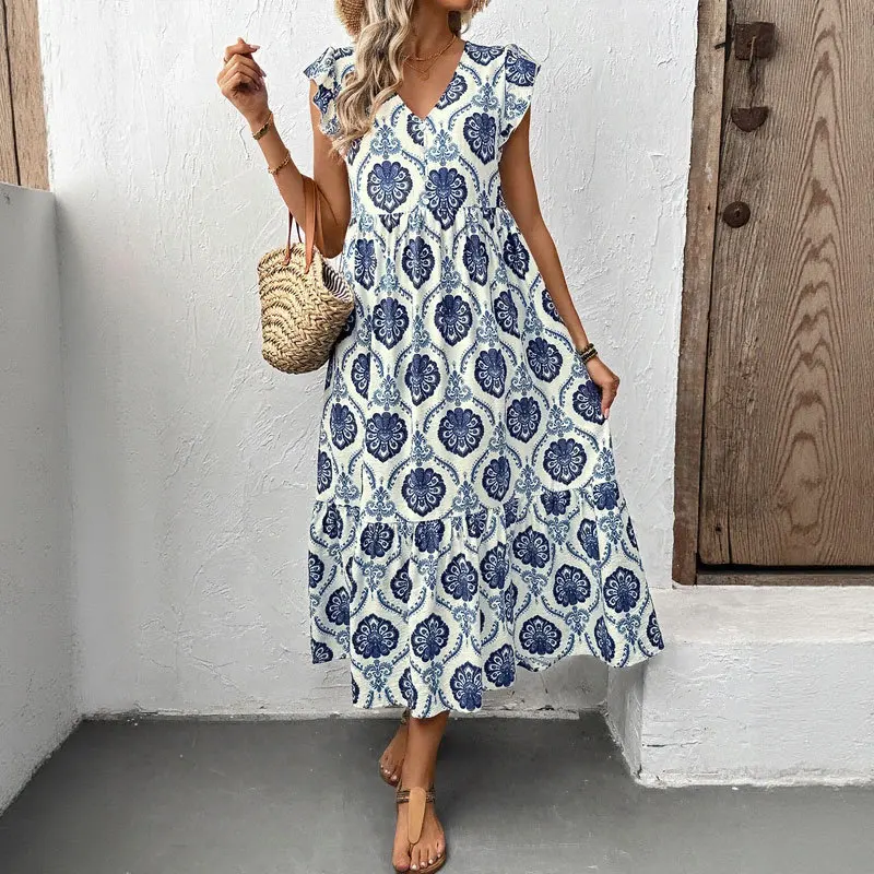 Sommer Neue Französisch Urlaub Stil Lose Tiefem V-ausschnitt Floral Gedruckt Lange Kleid 2025, Frauen Mode Bohemian Kleid Vestidos De Mujer