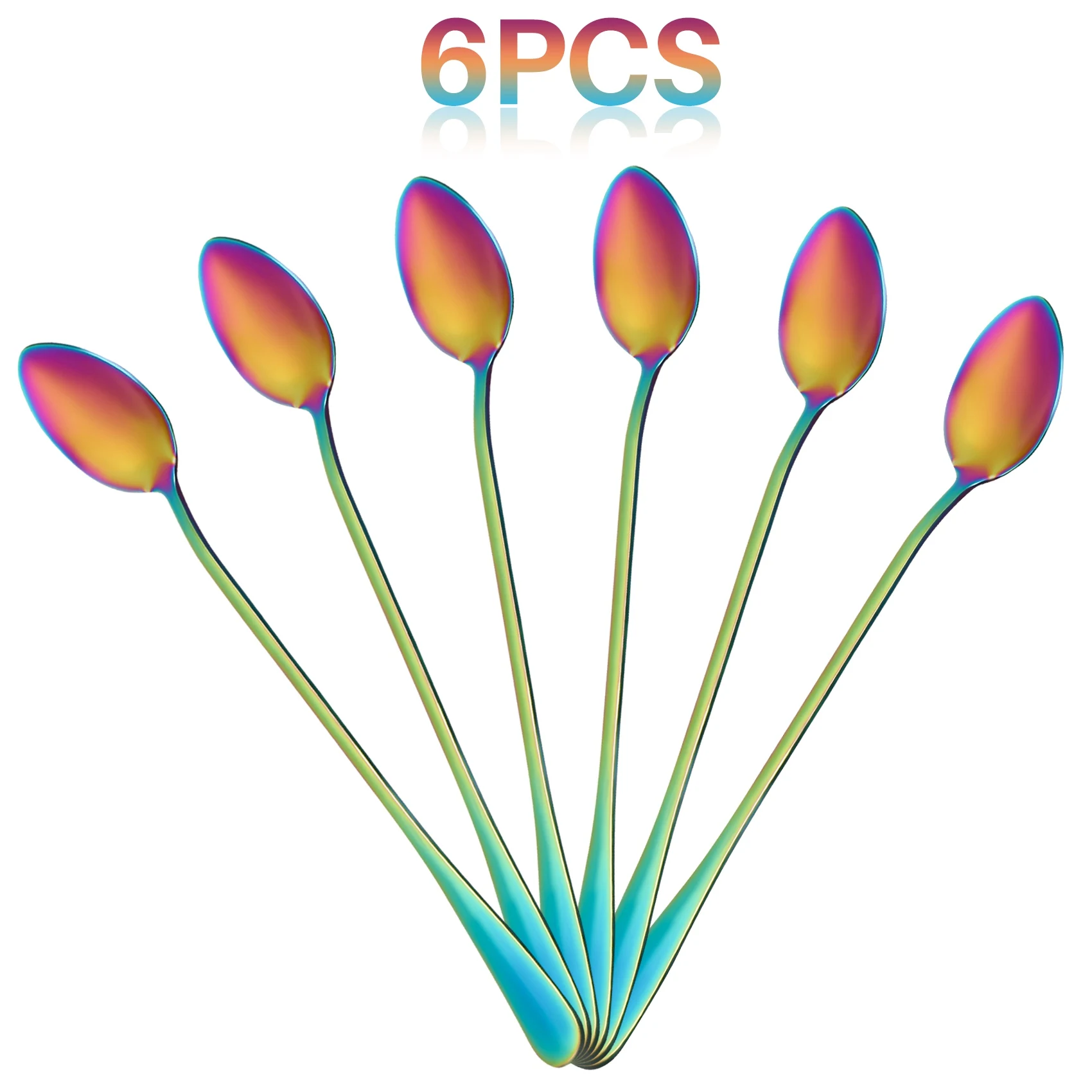 A27F-Coffee Teaspoons, Set Of 6 Rainbow Color Coffee Spoon Long-Handle Ice Cream Desert Spoon Cocktail Stir Spoons Mixing Spoon,