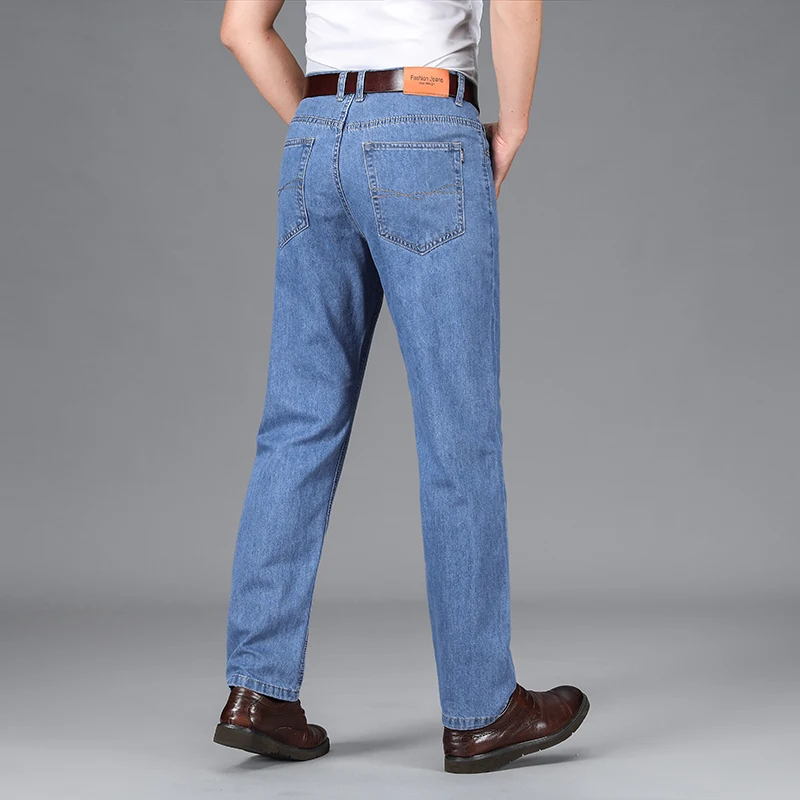 Jeans reto solto fino masculino, calça casual de cintura alta, roupa de pai, meia idade e idoso, verão