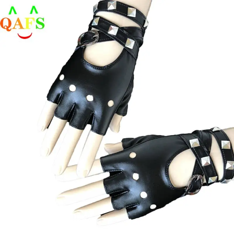 1 Pair Women Punk Short Synthetic Leather Gloves Half Finger Fingerless Gloves Fashion Lady Handsome Black Gloves