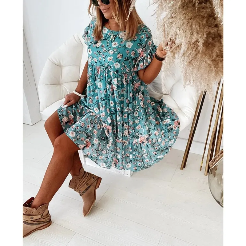 Zomer geplooide vrouwen chiffon jurken casual strand vakantie korte mouw vierkante kraag vrouw midi-jurk bohemien mujer vestidos