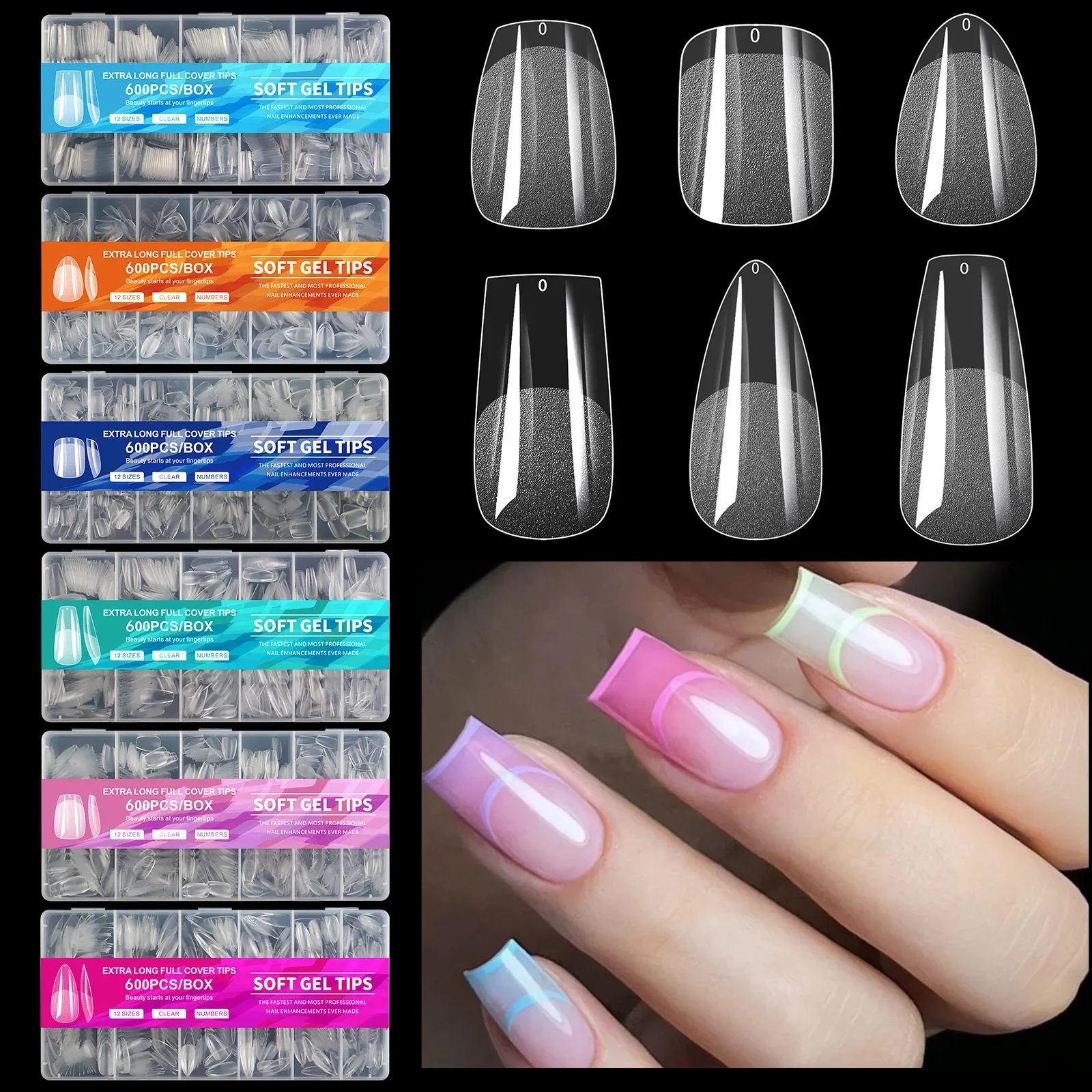 600 Pieces False Nail Tips Soft Gel Fingertip Semi-matte Capsules Almond French Coffin Full Cover Artificial Fake Nail Extension