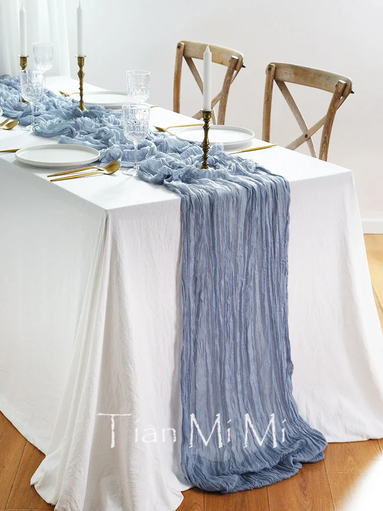 Vintage Semi-Sheer Gauze Table Runner Dusty Blue Cloth Cheesecloth for Captivating Rural Retro Wedding Party Tables Decoration