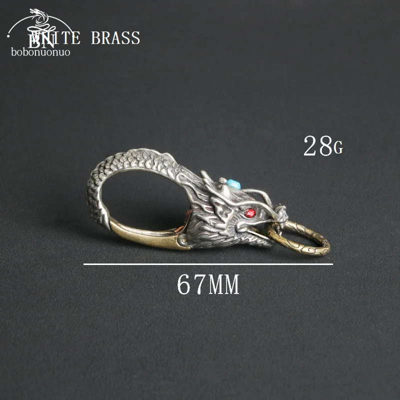 Copper Dragon Head Car Keychain with Ring Vintage High-end Dragon Brass Keyring Pendant Luxury Men Spring Key Chain Accessories