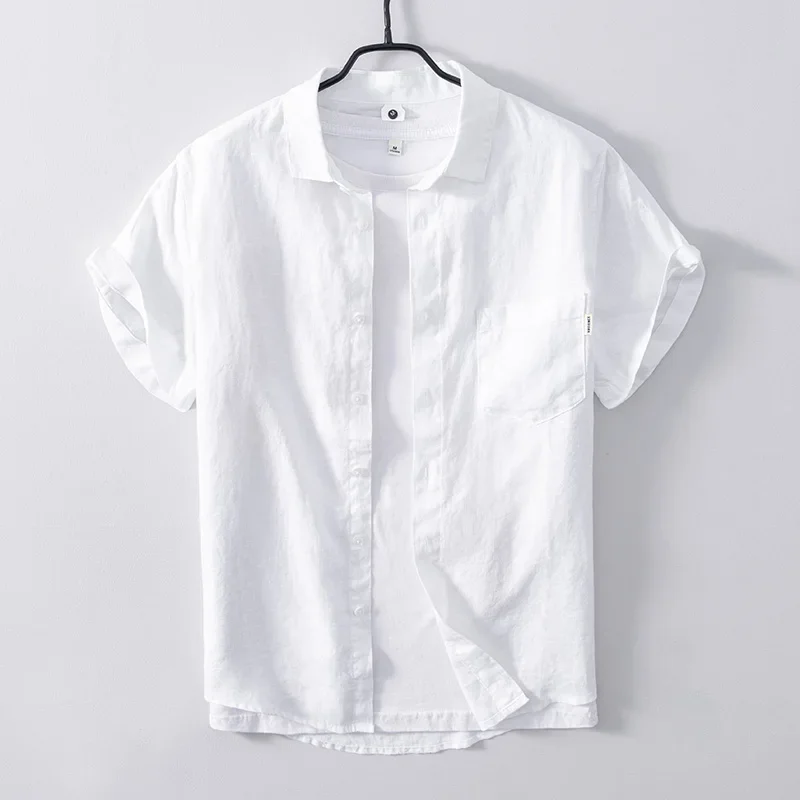 Short Sleeved Shirt for Men Summer New 100% Pure Linen Tops Male Casual Turn-down Collar Clothing Solid Color Pocket Decoration