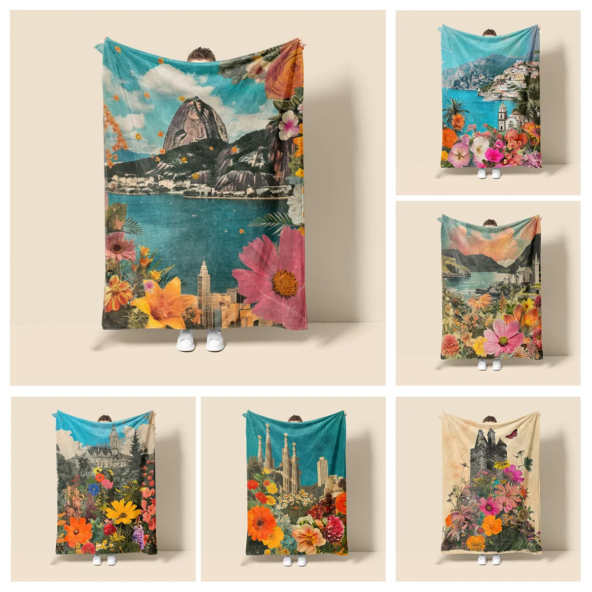 

American Style Vintage Abstract Cartoon Landscape Blanket, Soft Plush Comfortable Bedroom Sofa Cover Blanket Ins Style