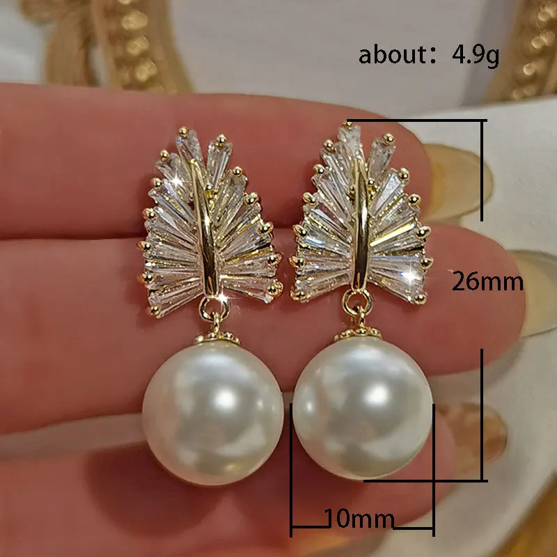 14K Gold Pearl Diamond Dangle Earring Party Wedding Drop Earrings for Women Bridal Engagement Jewelry Gift