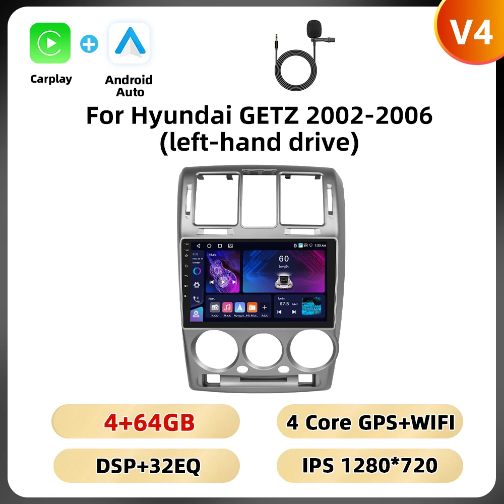 Podofo Android 9 ''Autoradio Voor Hyundai Getz 2002-2006 Multimediaspeler Spiegel Link 8 128G Carplay Android Auto Gps Wifi 4G