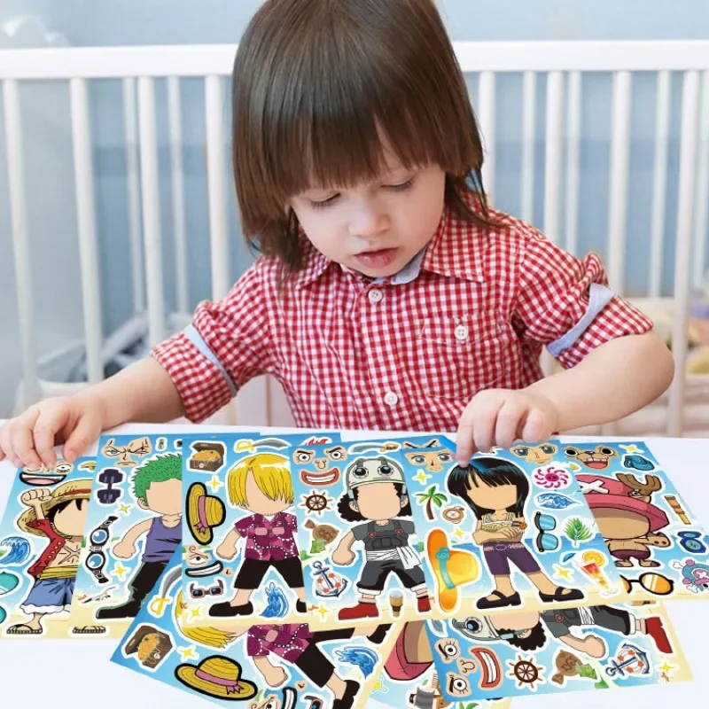 6pcs One Piece Luffy Children DIY Puzzle Sticker Funny Games Make-a-Face Assemble Jigsaw Sticker DIY Book Kids Girls Toys Gift