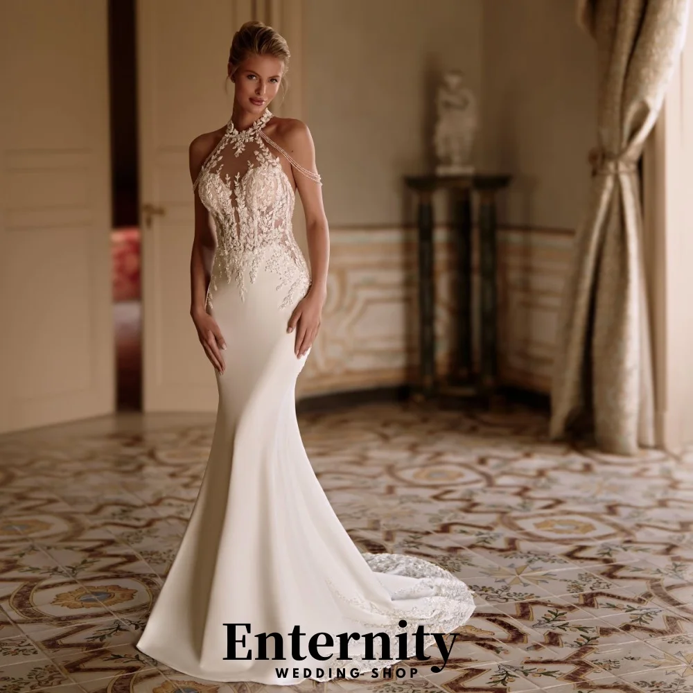 

Customized Zipper Wedding Dresses Elegant Halter Neck Sleeveless For Women Charming Lace Applique Bridal Gowns Vestidos De Novia