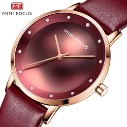 MINI FOCUS Elegant Red Minimalist Women Quartz Wristwatches Fashion Diamond Dial Casual Leather Belt Luxury Brand Ladies Watches