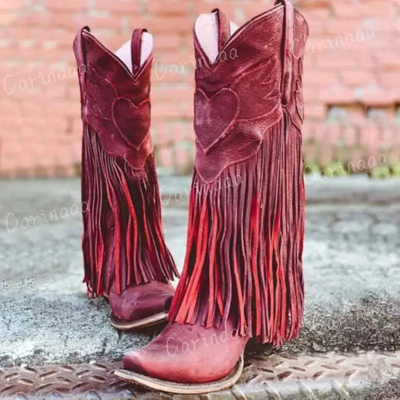 Cowboy Laarzen Schoenen Voor Vrouwen Pu Nieuwe Kwastje Dikke Hakken Wees Teen Groen Rood Westerse Laarzen Mode Slip-On wig Laarzen Vrouwelijke