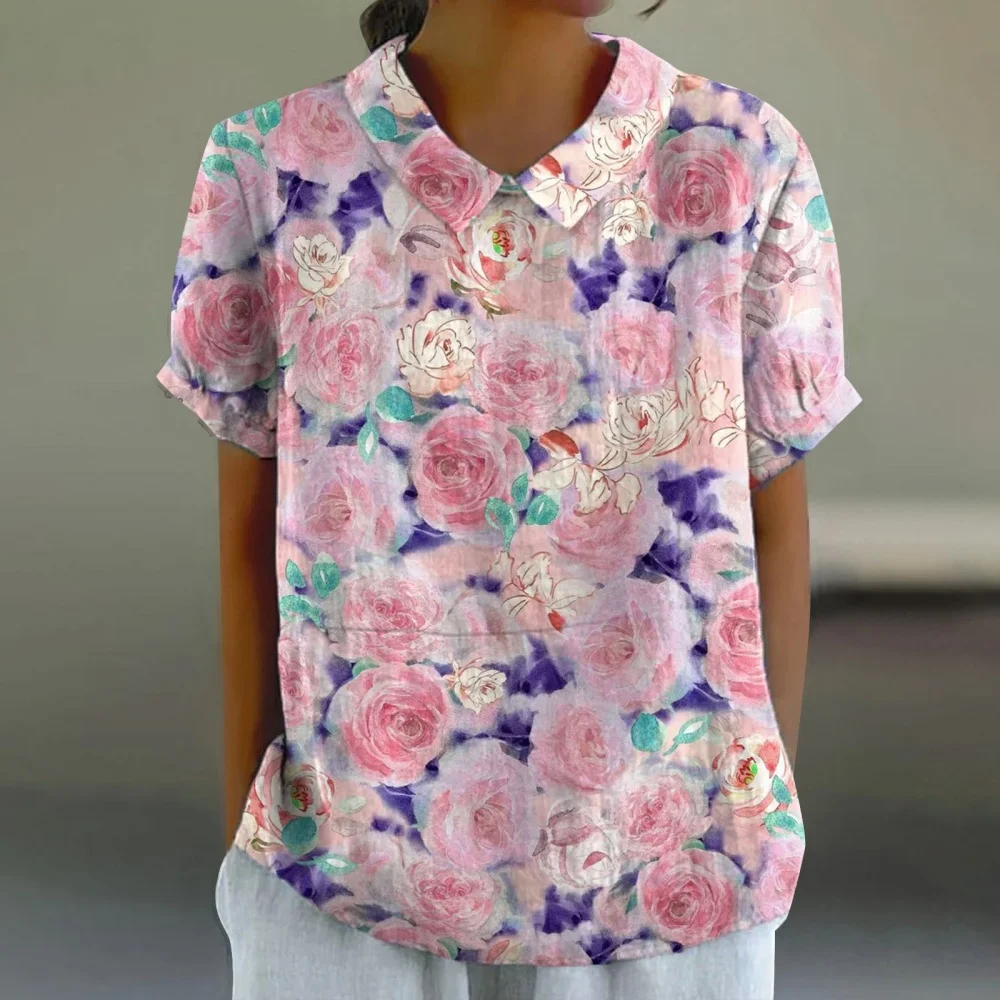 

New 2025 Summer Women's Elegant Blouses Floral Pattern T-Shirt Tops Fashion Lapel Short Sleeve Tees Retro Pulovers Women Blouse