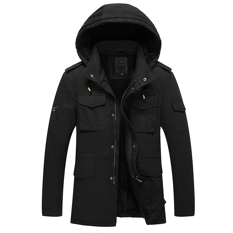 

Men's Autumn Winter Thickened Fleece-Lined Jacket Men Washed Cotton Thick Fleece Casual Parkas Military Windproof Hooded Jackets