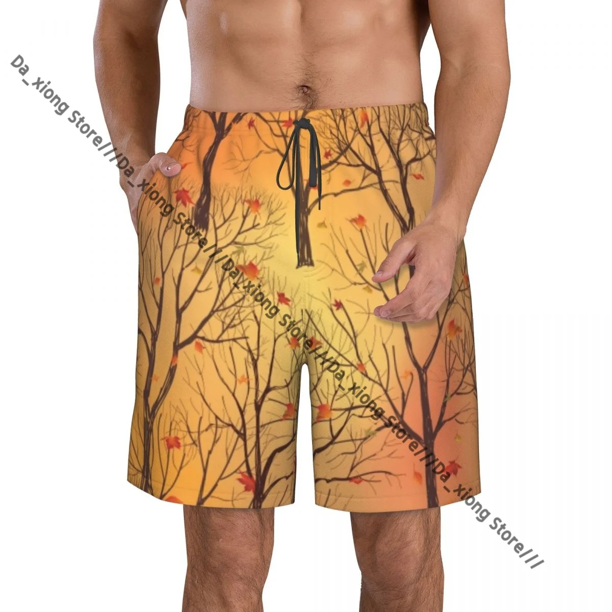 

Мужские пляжные шорты, быстросохнущие плавки, осенние листья, узор, осенний лес, фон, купальник, купальные шорты