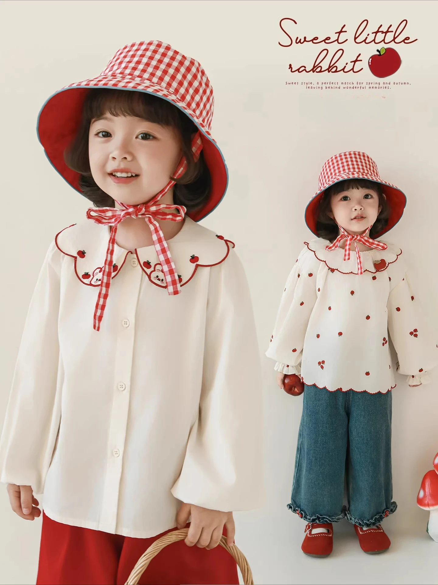 

Детская рубашка для девочек 2026 года, весна-осень, с отложным воротником, с принтом красных яблок, из дышащего хлопка, свободного кроя, с рукавами-фонариками, для девочек 3-7 лет