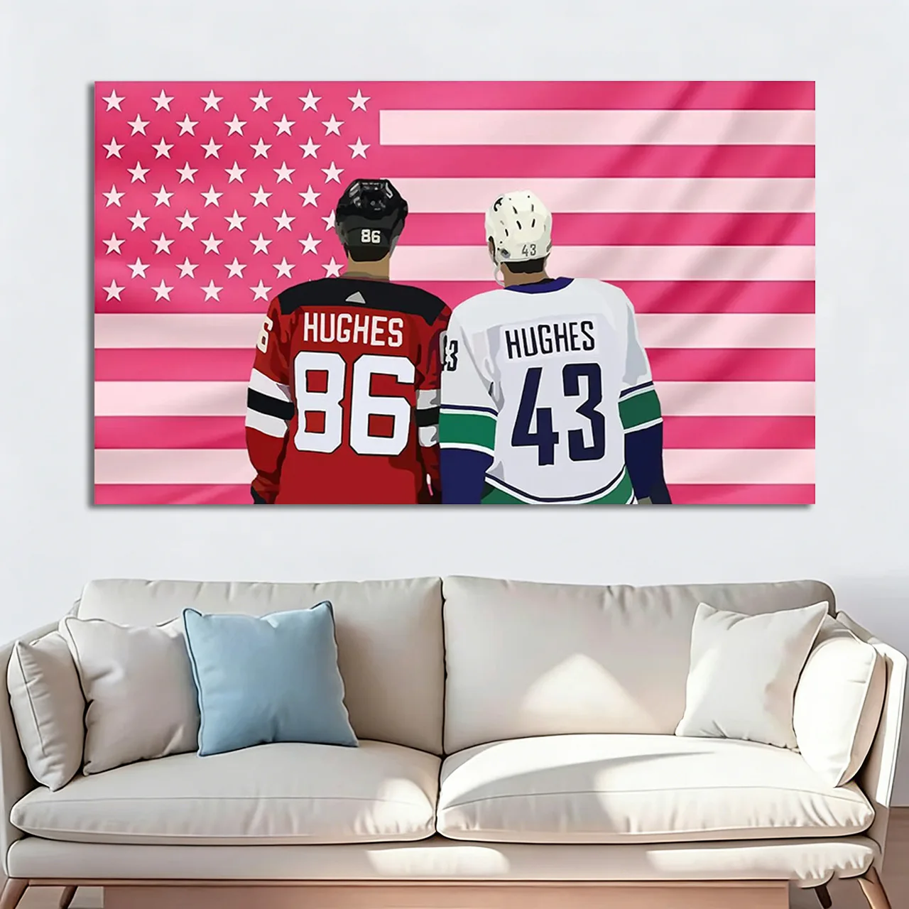 Tapiz con bandera de EE. UU. en color rosa de Jack & Quinn Hughes, tapiz colgante de pared de Hockey Brothers, regalo para fanáticos de la NHL, impresión plana
