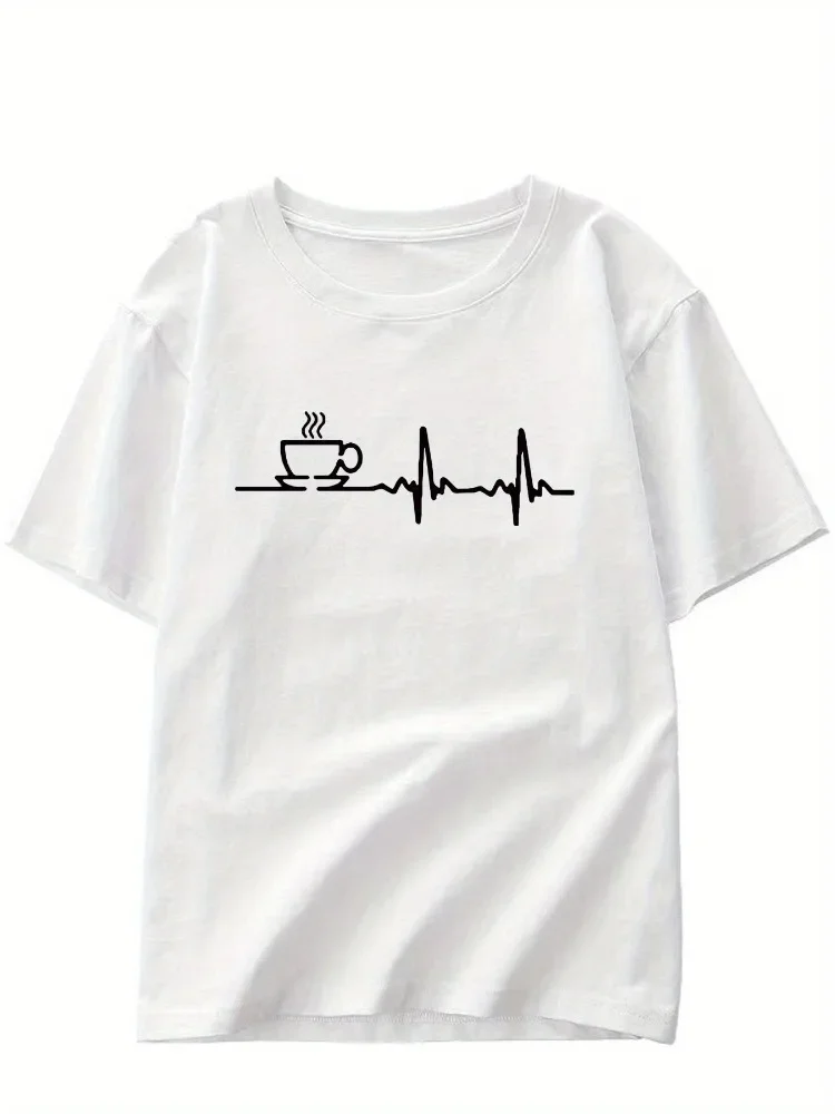 Camiseta Informal De Manga Corta Con Estampado De Taza De Café Y Latido Del Corazón Para Mujer Jersey Cómod Cuello Redondo