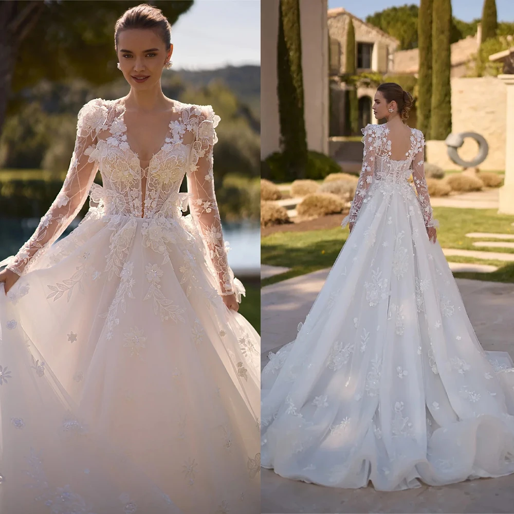 Romantic 3D Flowers A Line Wedding Dress Long Sleeve Lace Sweep Train Bridal Gowns Beaded Customized Vestidos De Novia