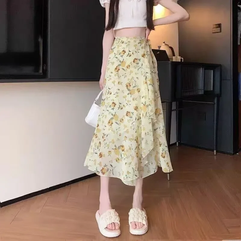 Women's Wrap Ruffle Apron Bodycon Beach Skirt 2026 Spring Summer New Versatile Chiffon Floral A-Line Skirt