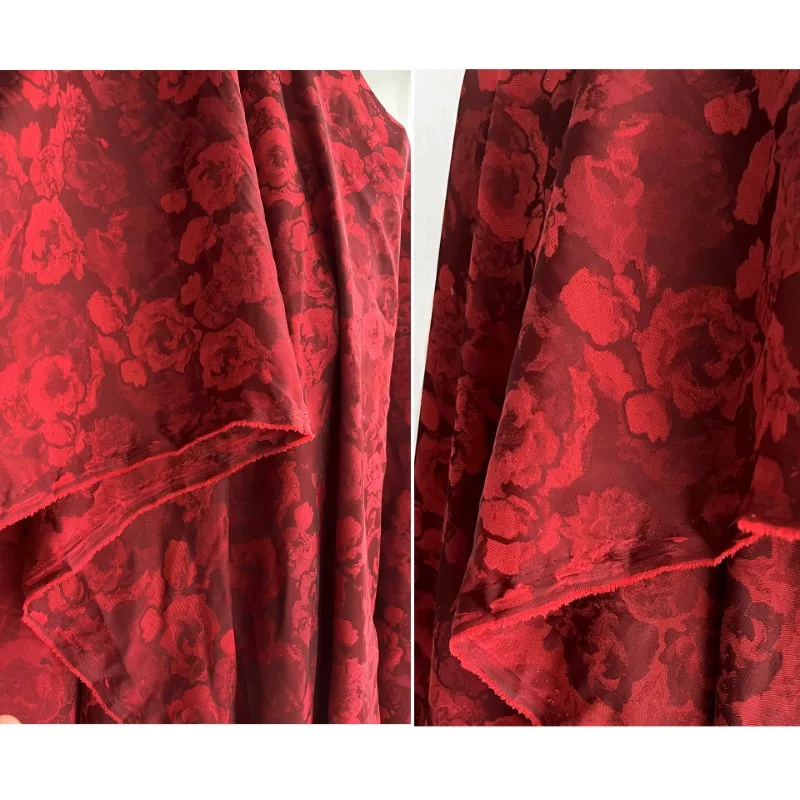 Chinese Red Porcelain Silk Satin Dark Rose Pattern Jacquard Soft Qipao Hanfu Chinese Style Fashion Designer Fabric