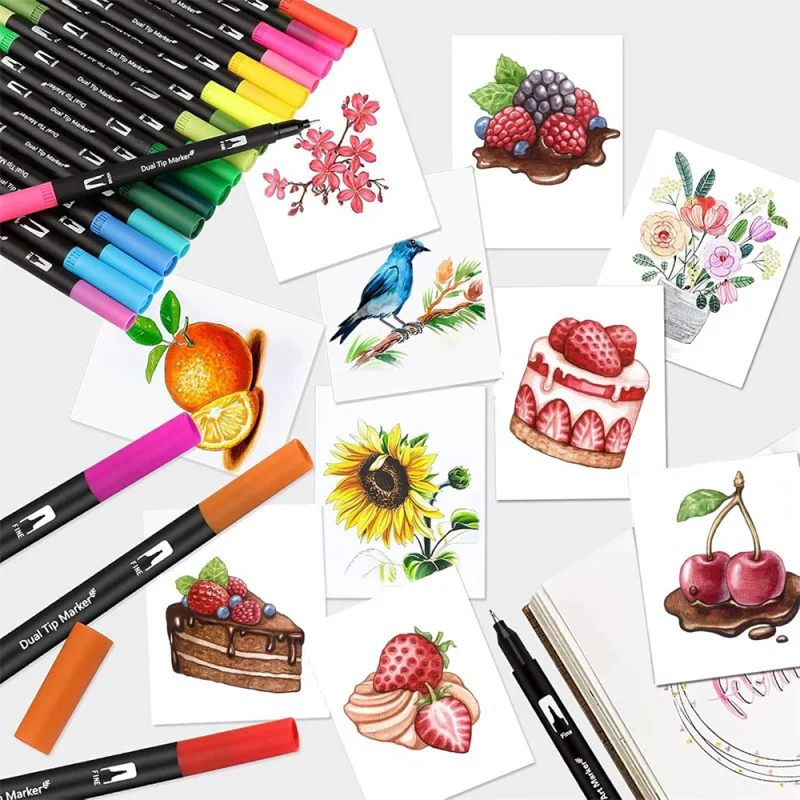 Маркеры с двумя наконечниками и кистью с тонким наконечником, набор ручек с фетровым наконечником, художественные маркеры, акварельные кисти, каллиграфические рисунки