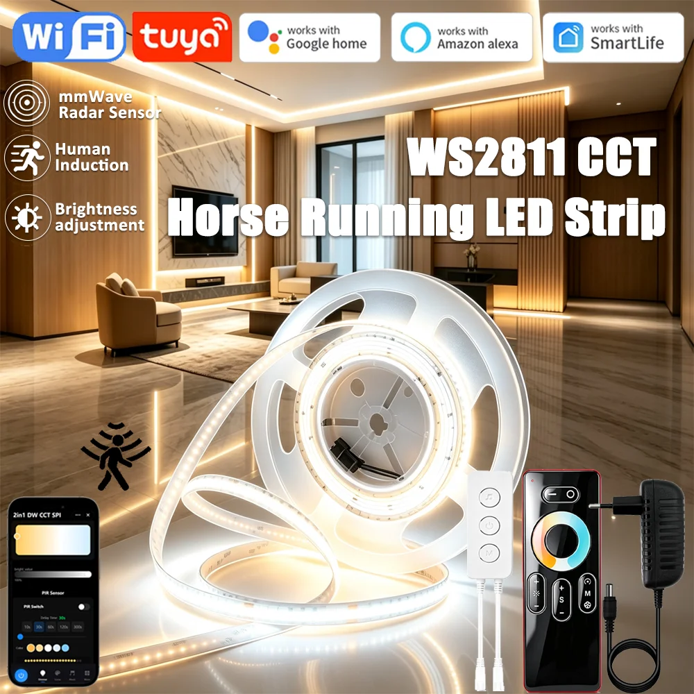 Tuya Smart WIFI 24V WS2811 CCT COB Horse Running Led Strip Sequential Water Flow Led Light PIR Motion Sensor Room Decor fr Alexa