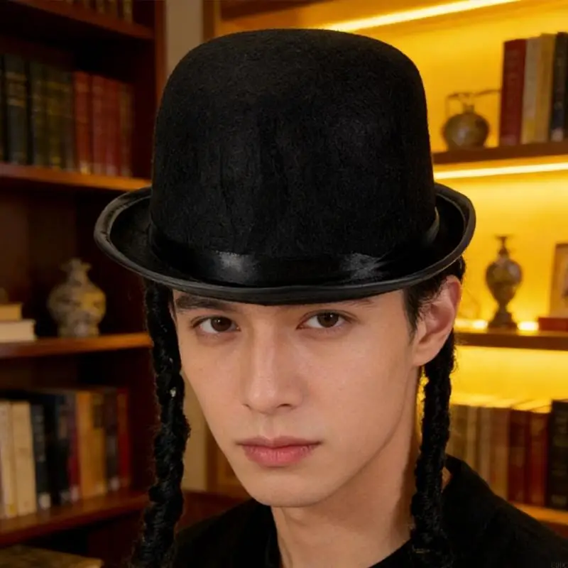 Black Derby Cap With Braid Soft Acrylic Fiber Tall Hat For Concerts Dances And Special Occasion Gathering Dressingup Y166