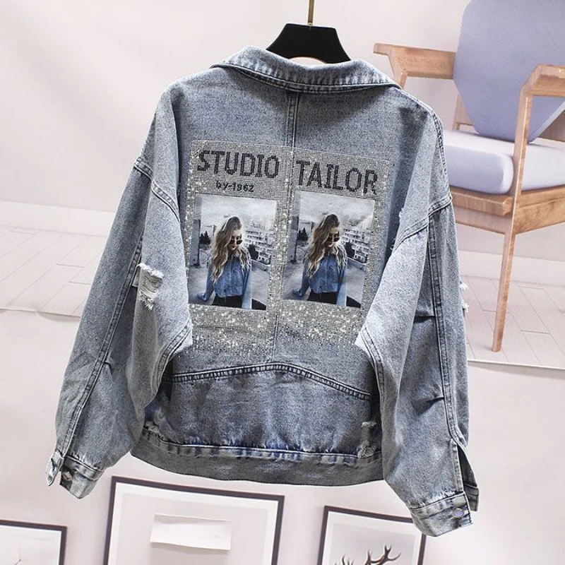 Denim Coats Pearl Special Winter Jean Jackets for Women 2024 Woman Coat Crop Latest Fashion New Arrival Fringe Novelty Blue Hit