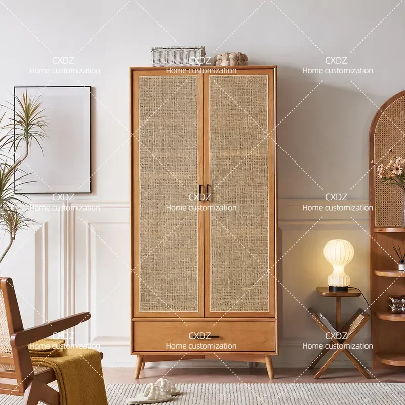 Rattan Solid Wood Wardrobe Wabi Style Bedroom Retro Double Door Storage Cabinet with Partition Home Furniture