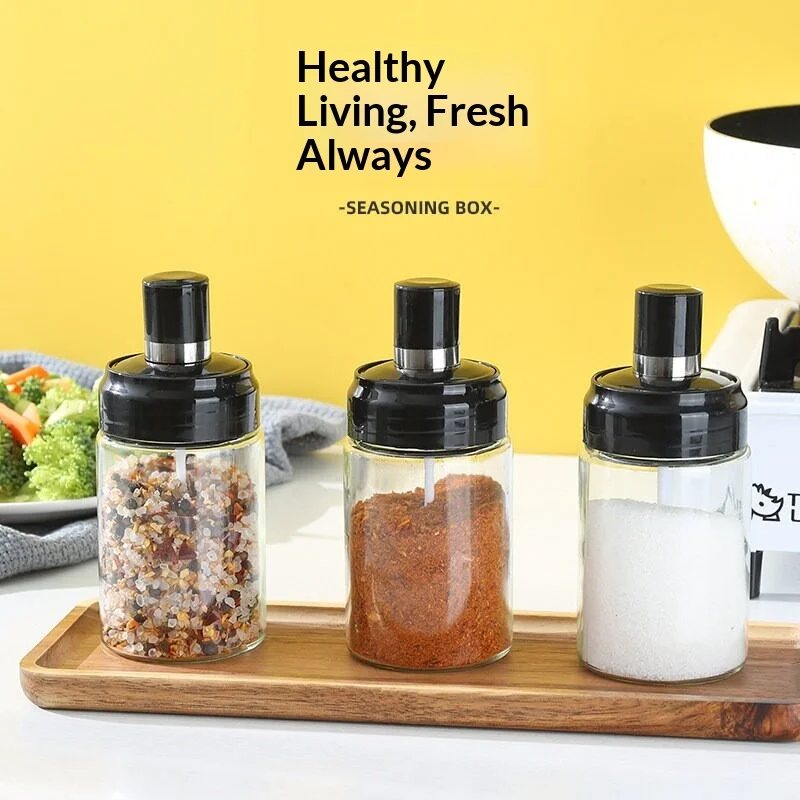 Glass Spice Jar with Integrated Spoon Airtight Moisture Proof Seasoning Container Kitchen Salt Pepper Condiment Storage Bottle