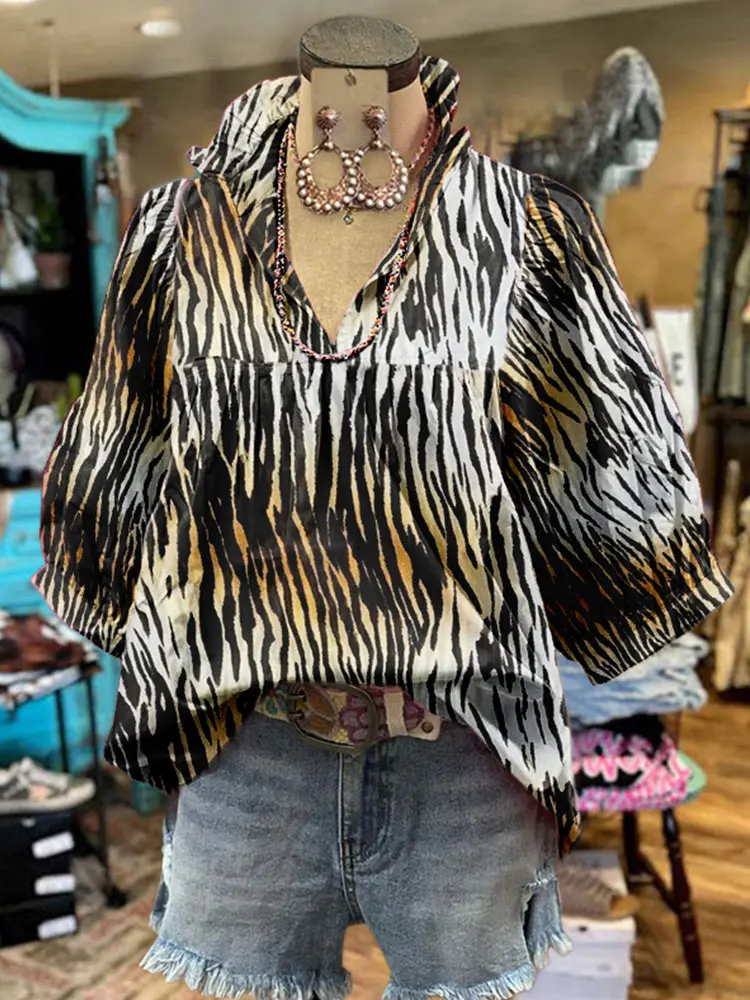 Wild Tiger Print Puff Sleeve Top Women's Casual Blouse